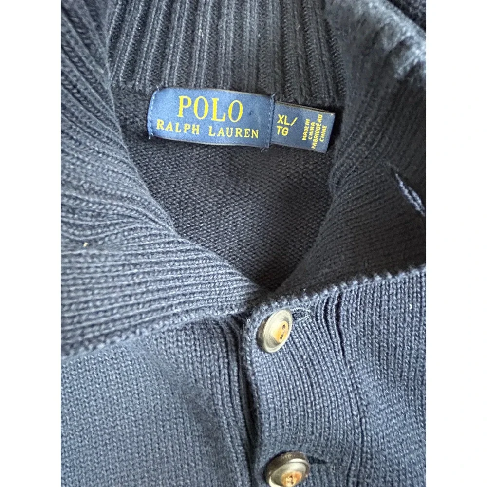 Polo Ralph Lauren Mens XL Navy Blue Cotton Mock Neck Button Sweater Red Pony